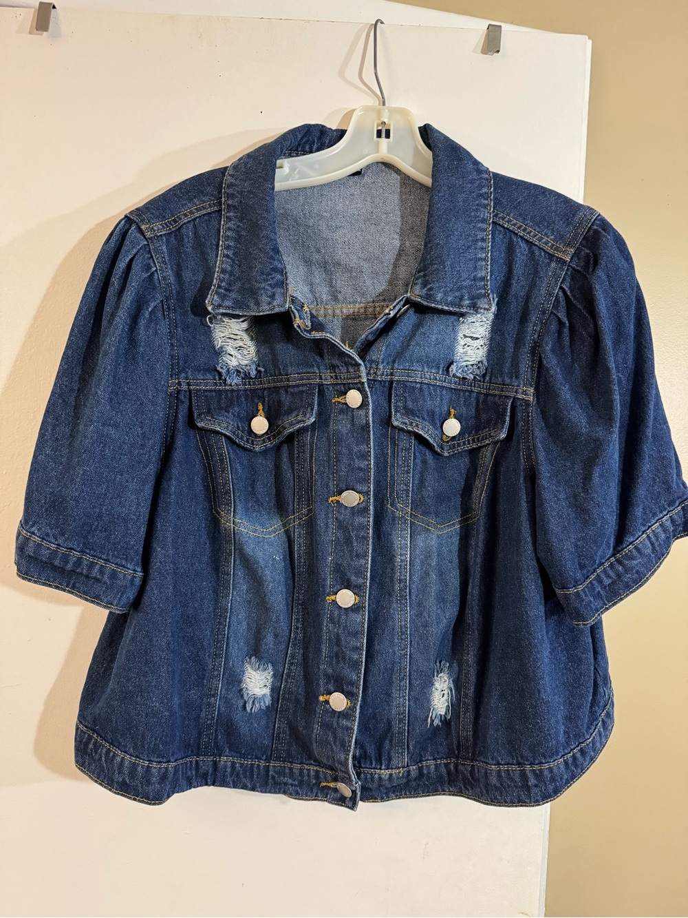 SHEIN Dark Blue Distressed Puff Sleeve Denim Jacket
